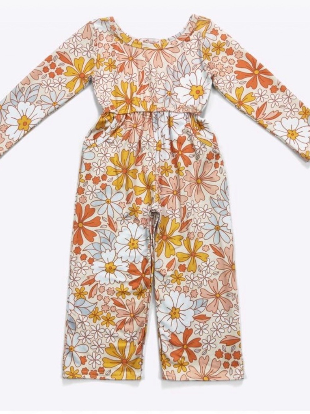 Girls' Floral Long-Sleeve Jumpsuit - Cream with Orange & Yellow Flowers